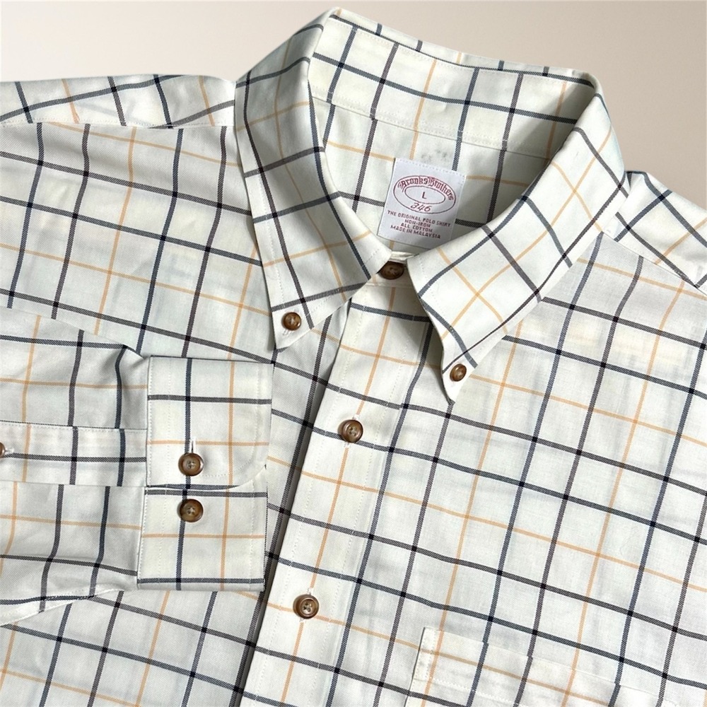Brooks Brothers 346 Mens L Cream Black Plaid Cotton Button Down Shirt Preppy